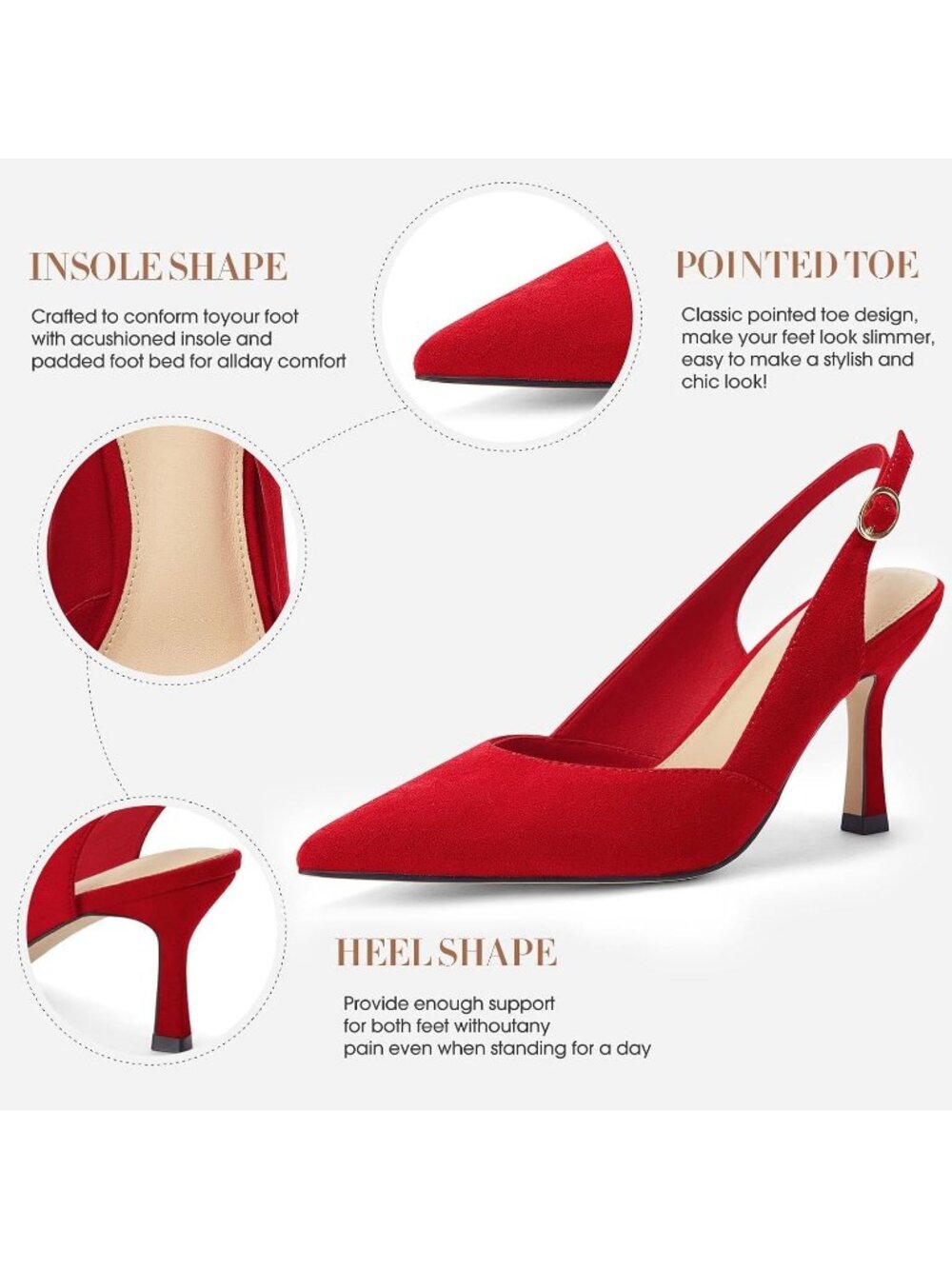 Women's Synthetic Dark Red Pu Closed Backless Pointed Toe Slingback Kitten Heels - Picture 4 of 6